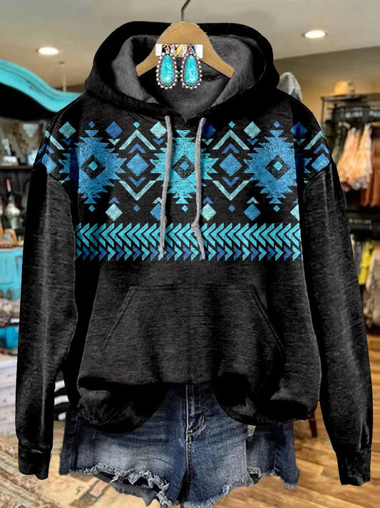 Blue and Black Aztac Print Casual Hoodie Sweatshirt