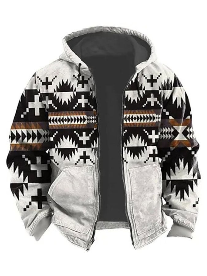 Men's Retro Western Print Velvet Zip Outerwear