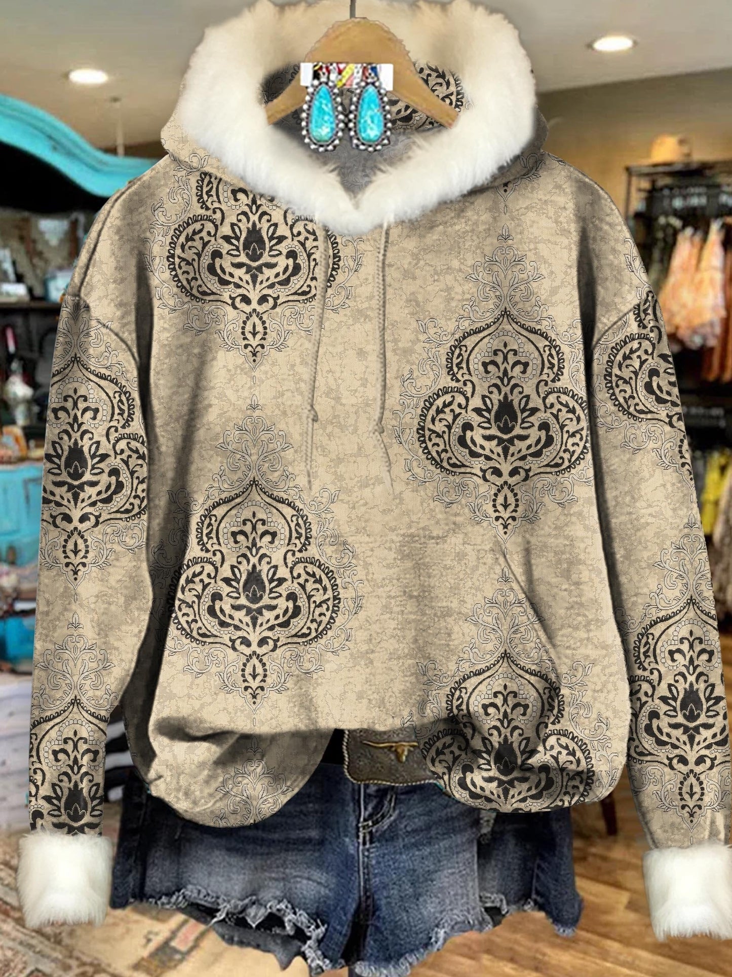 Retro Apricot Ethnic Pattern Art Print Imitation Rabbit Fur Trim Casual Hoodie Sweatshirt