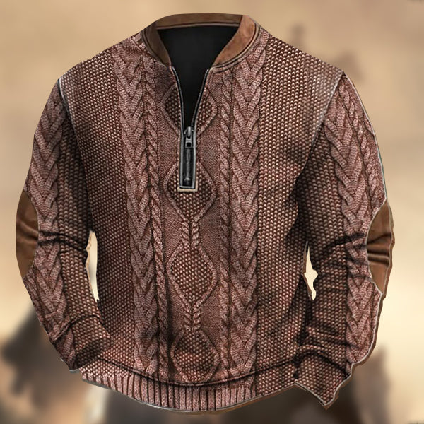 Men's Vintage Western Knit Print Zipper Stand Collar Casual Sweatshirt