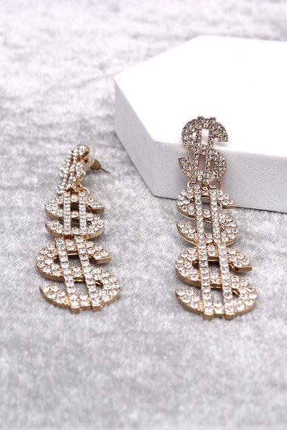 Rhinestone Money Sign Dangle Earrings choice of color