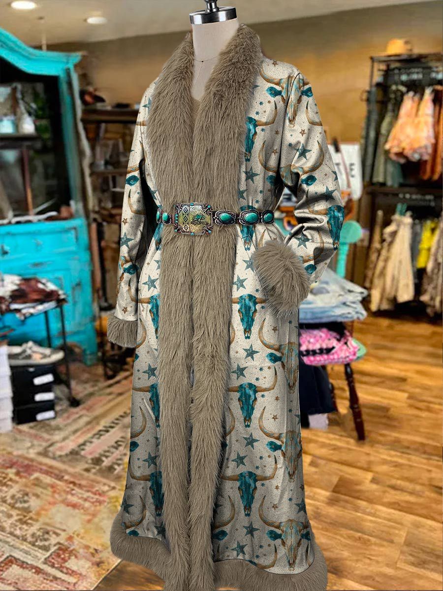 Women's Vintage  Printed Fur Patchwork Suede Long Afghan Coat