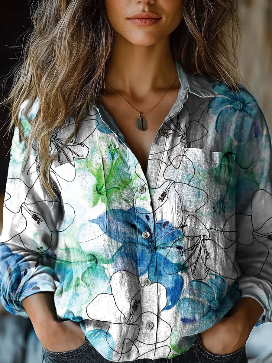 Women's Floral Art Print Casual Long Sleeve Comfortable Cotton Shirt