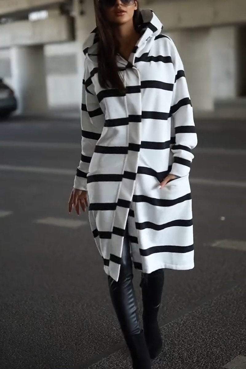 Women's Casual Hooded Striped Mid-length Coat