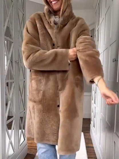 Women's High Collar Long Sleeve Reversible Fur Coat