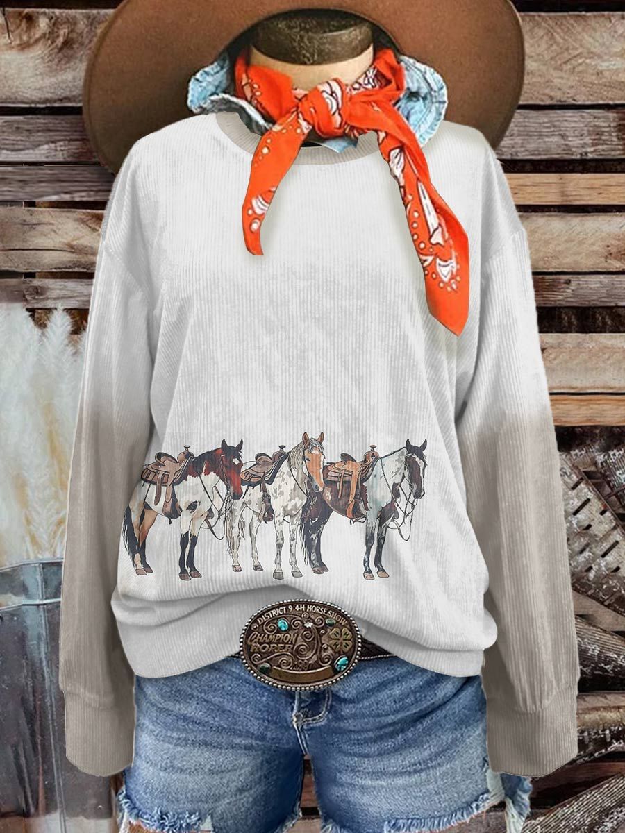 Women's Horse Art Casual Print Corduroy Sweatshirt