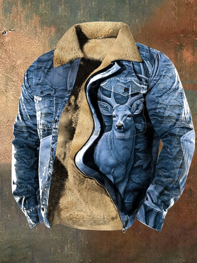 Men's Retro Western Style 3D Deer Print Lapel Zipper Button Velvet Jacket