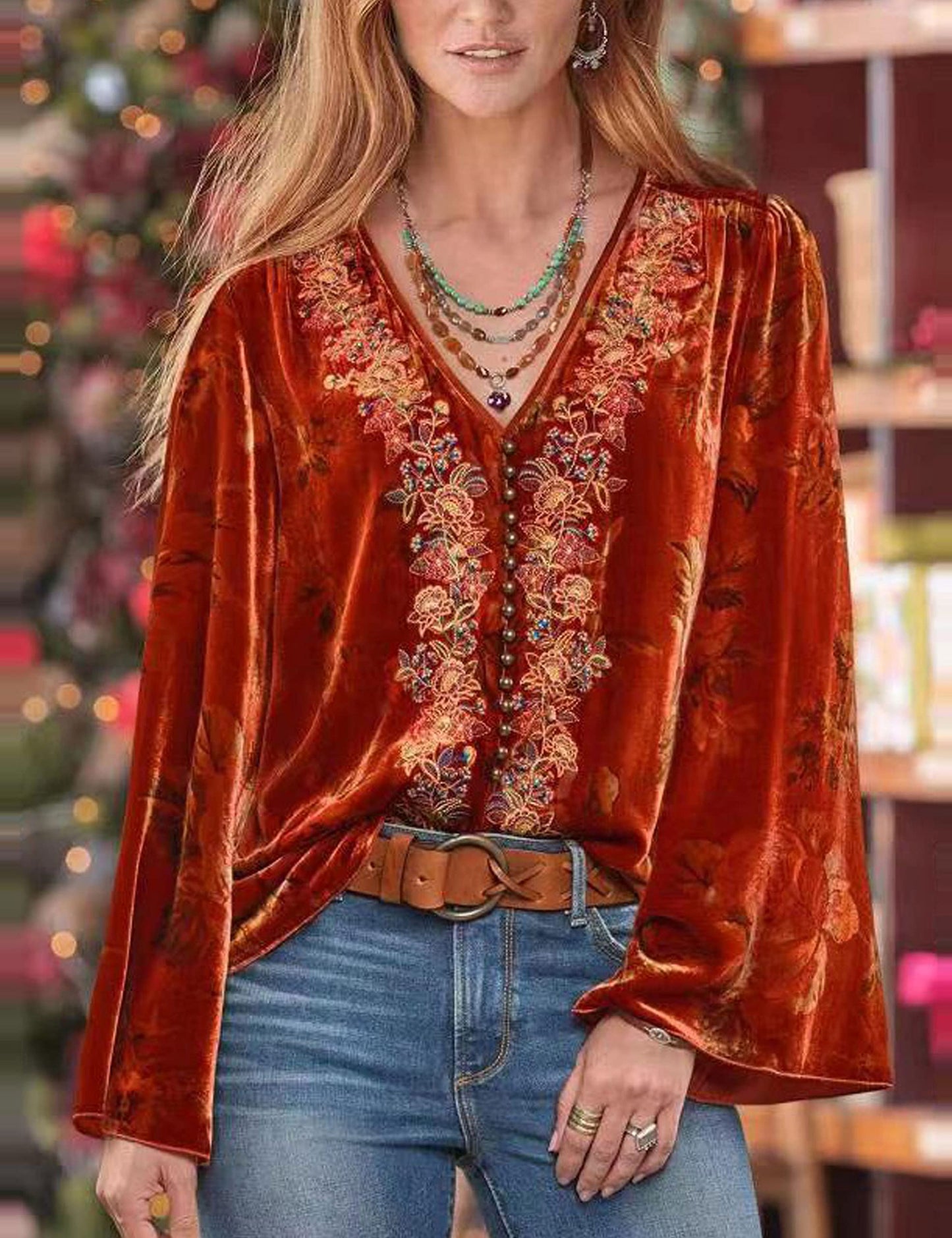 Women's Velvet Shirt Floral Print V-Neck Ladies Blouse Top