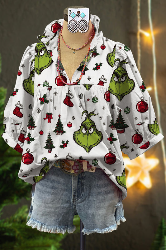 Elegant Contrast Grinch Print Blouse