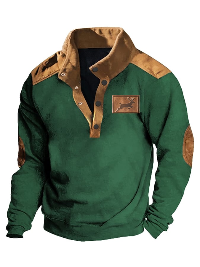 Men's Western Style Elk Print Deerskin Velvet Patchwork Stand-Collar Sweatshirt