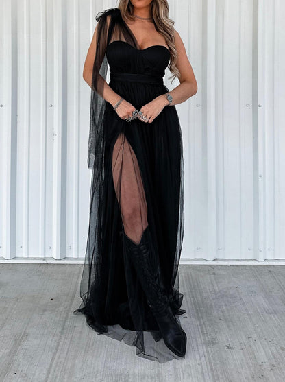 Strapless Tulle Maxi Dress-Black