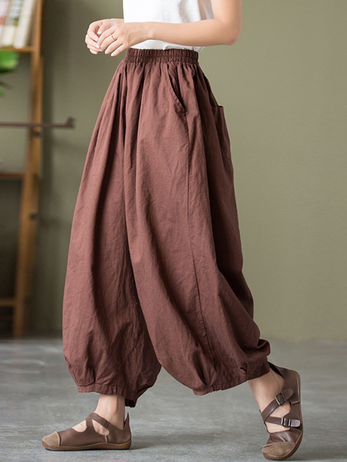 Casual Solid Slant Pocket Elastic Waist Wide Leg Pants