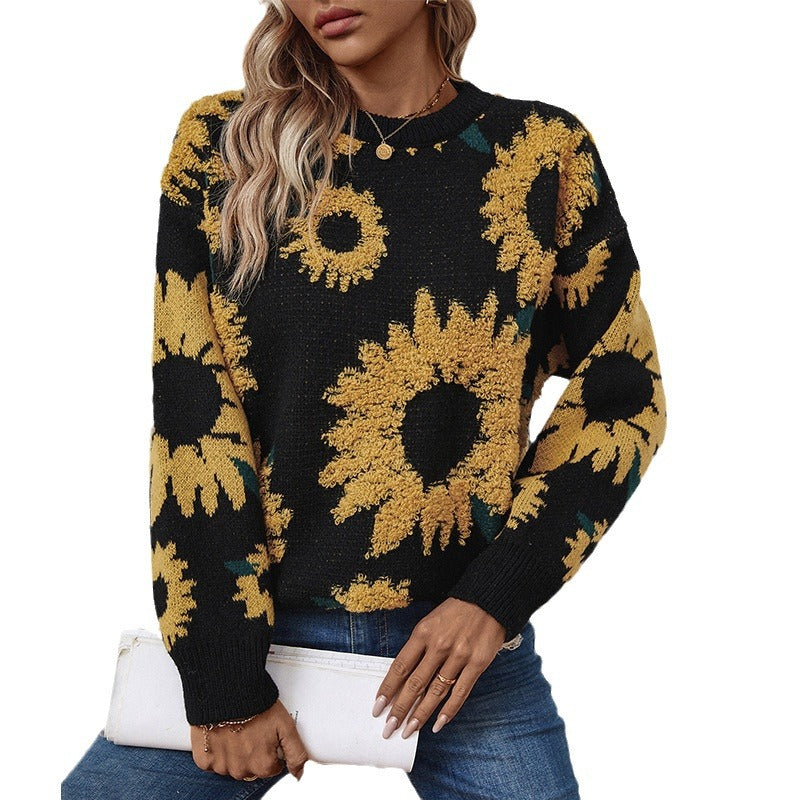 New Autumn And Winter Tops, Sunflower Round Neck Long-sleeved Knitted Pullover Sweaters For Women