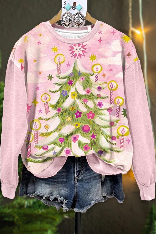 Candle Christmas Tree Print Sweatshirt