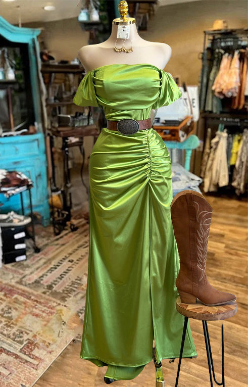 Lime Ruched Off Shoulder Slit Dress