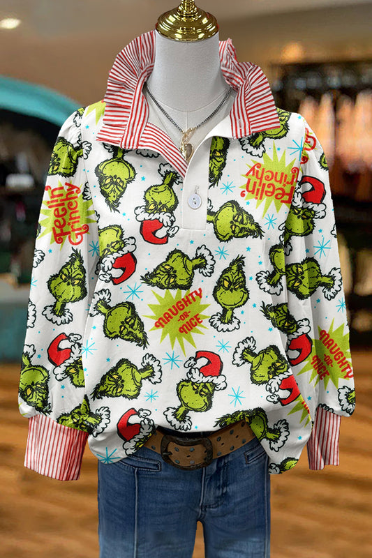 Funny Christmas Grinch Print Puff Sleeve Blouse