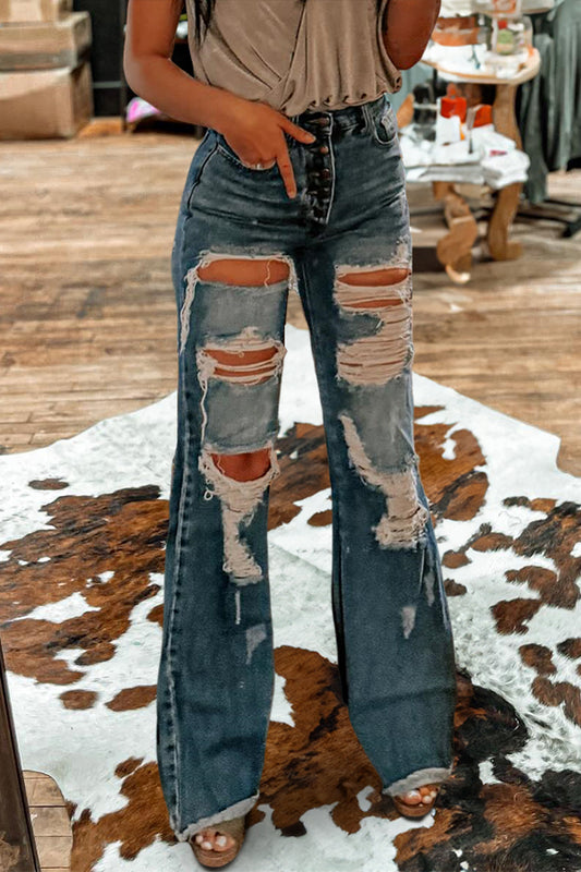 Retro Washed Distressed Wide Leg Jeans