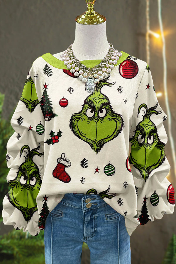 Funny Christmas Grinch Print Pleated Sweatshirt