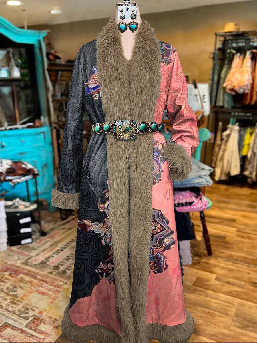 Women's Vintage  Printed Fur Patchwork Suede Long Afghan Coat