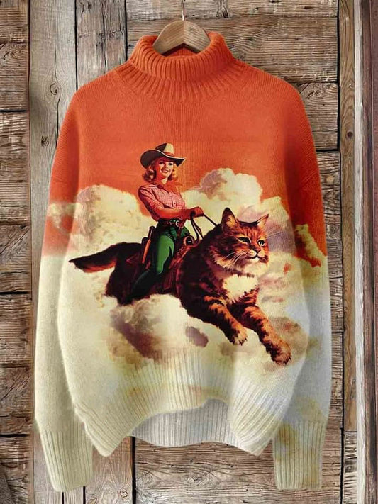 Woman Driving The Cat Print Knit Turtleneck Pullover Sweater