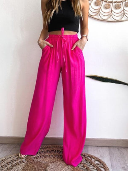 Women's Casual Stretch Drawstring Solid Color Wide Leg Pants