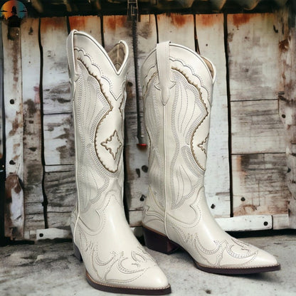 Women's Western Square Toe Leather Floral Embroidered Bohemian Boots-0520