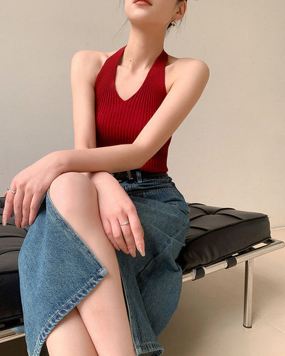 Halterneck Sleeveless Knitted Backless Tank Top