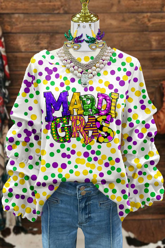 Mardi Gras Polka Dot Print Pleated Sweatshirt