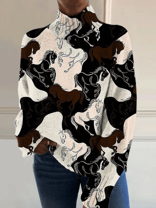 Retro Brave Horse Print Knit Turtleneck Pullover Sweater