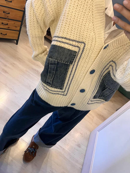 Unique Denim Patchwork Pockets Cardigan