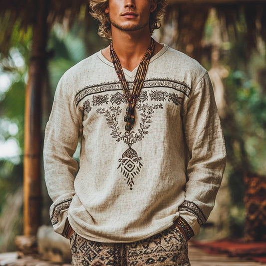 Men's Bohemian Holiday Style Vintage Linen Printed Casual Long Sleeve Top