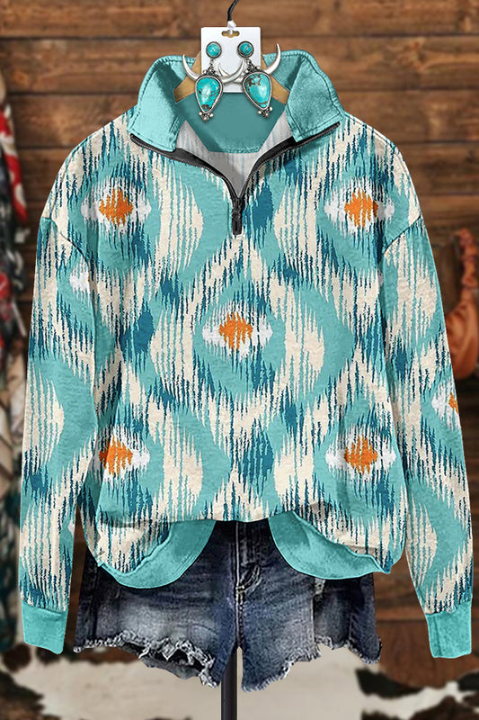 Western Turquoise Abstract Print Zip Sweatshirt