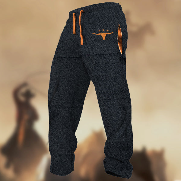 Men's Vintage Texas Longhorn Cow Skull Fleece Texture Print Casual Sweatpants