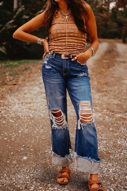 Vintage Washed Distressed Wide Leg Jeans