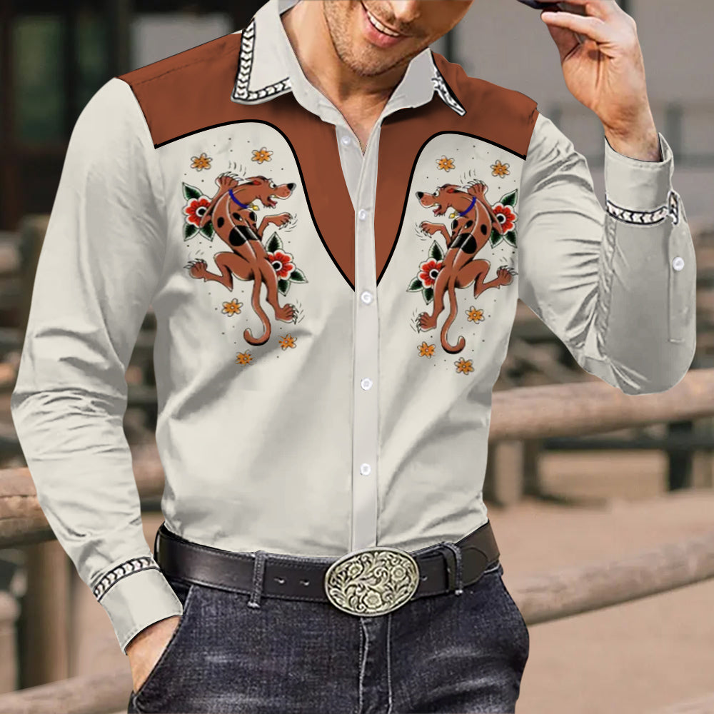 Men's Vintage Western Cowboy Dachshund Flowers Print Long Sleeve Shirt