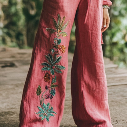 Bohemian Holiday Style Retro Linen Floral Ethnic Totem Print Casual Pants