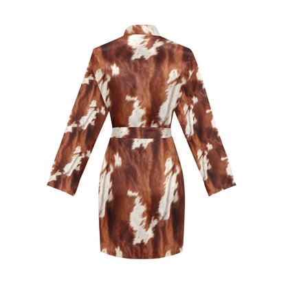 Brown Cow Print Women's Long Sleeve Belted Satin Feel Dressing Lounge Robe