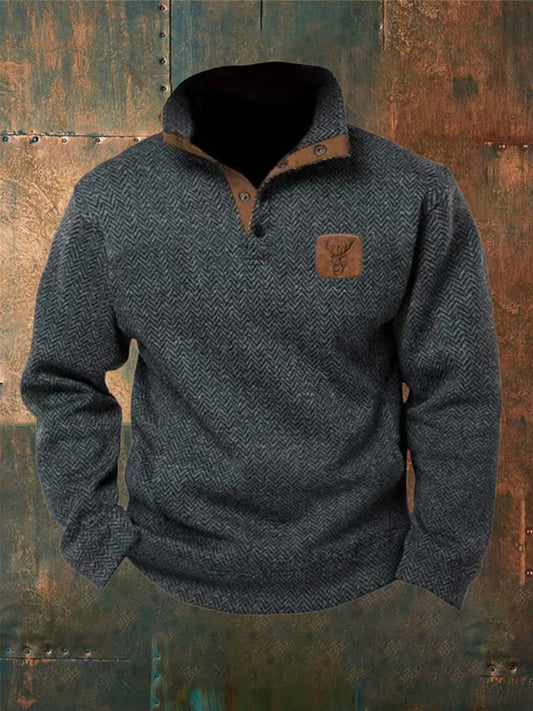 Men's Western Style Herringbone Design Patchwork Stand Collar Button Sweatshirt