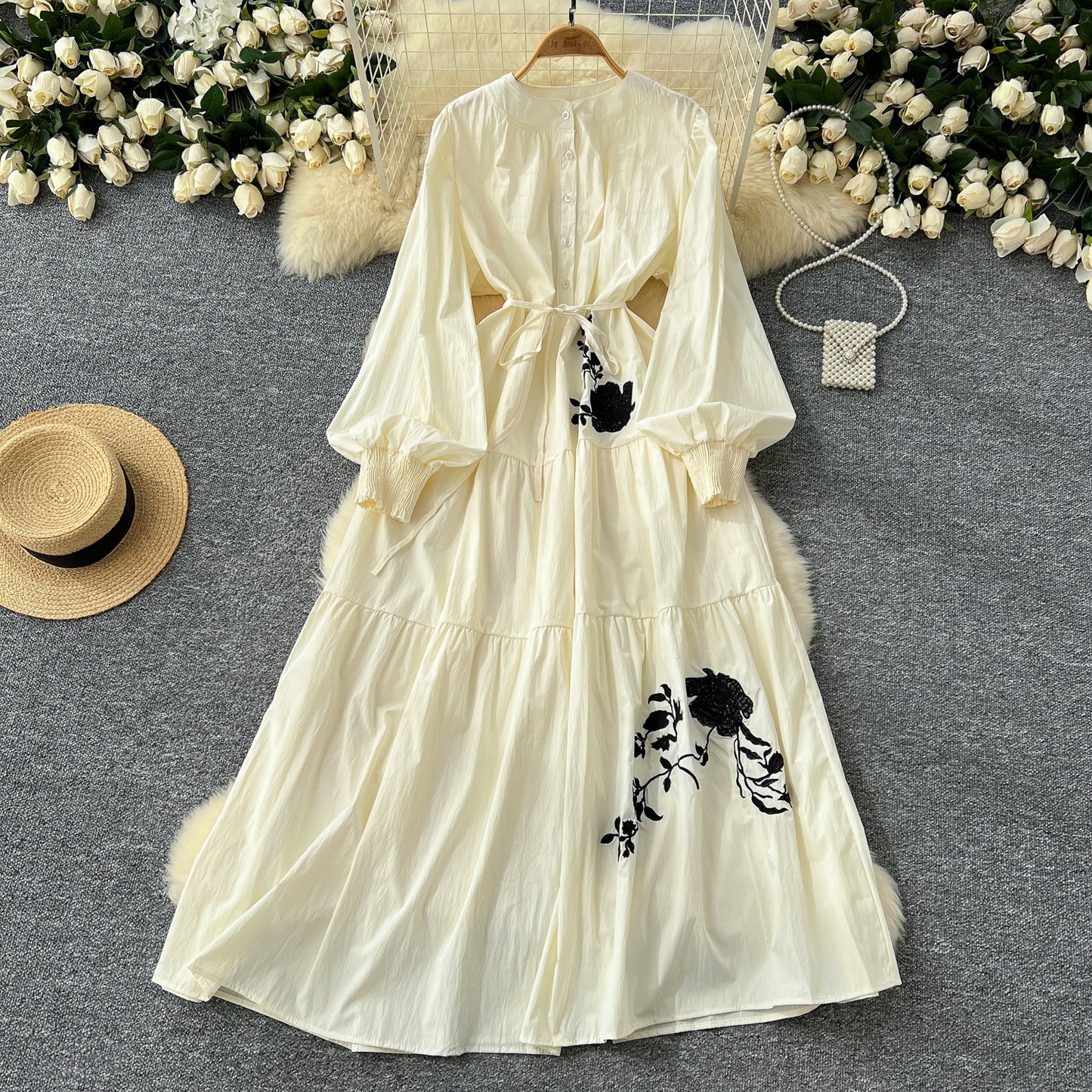 Waist-slimming Single-breasted Temperament Rose Embroidery Long Dresses