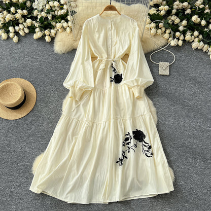 Waist-slimming Single-breasted Temperament Rose Embroidery Long Dresses