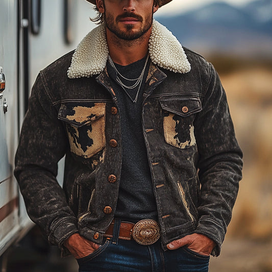 Men's Vintage Western Cowboy Printed Sherpa Jacket