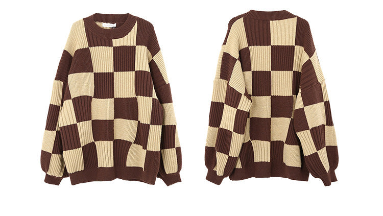 Women's Checkerboard Sweater Vintage Knitted Sweater