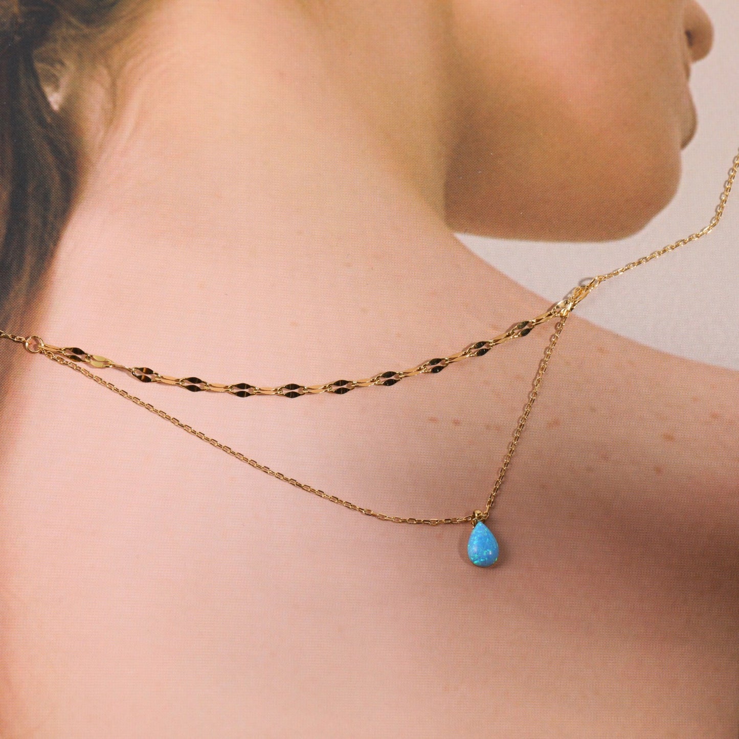 Women's Opal Blue Tear Drop Double Pendant Necklace