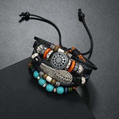 Bohemian Multi-layer Beaded Cowhide Braided Alloy Feather Leather Bracelet