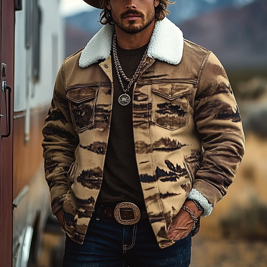 Men's Vintage Western Cowboy Printed Sherpa Jacket