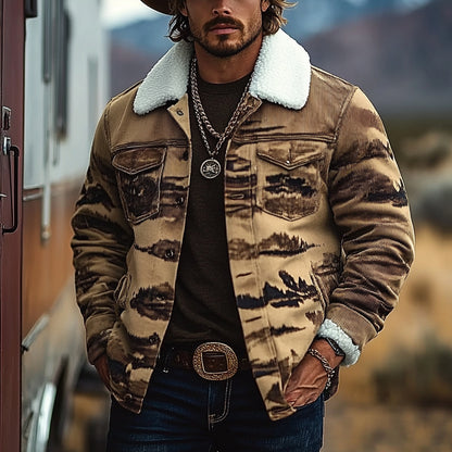 Men's Vintage Western Cowboy Printed Sherpa Jacket