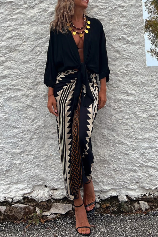 Astra Ethnic Print High Waist Ruched Wrap Maxi Skirt