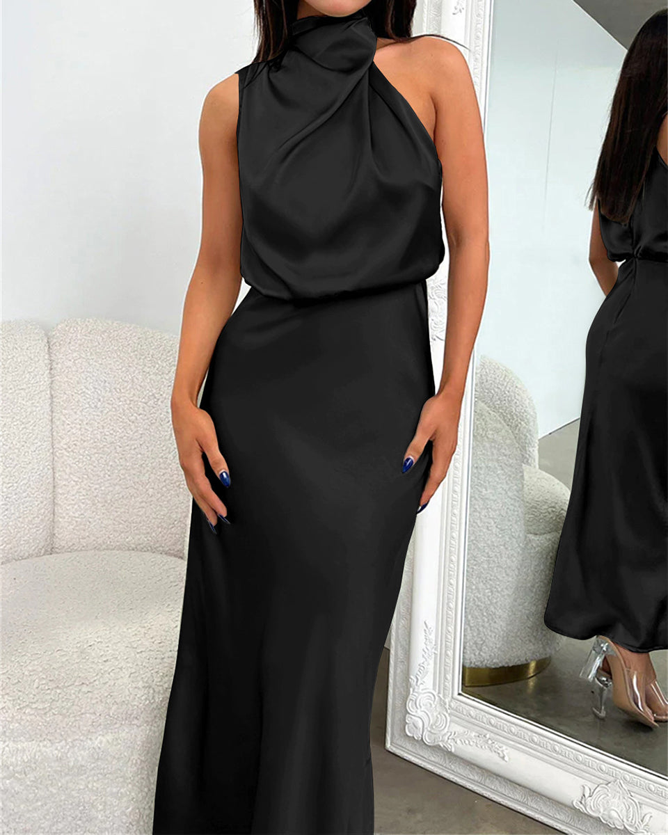 High-end Satin Sleeveless Dress Fashion Elegant Lady Light Evening Dress