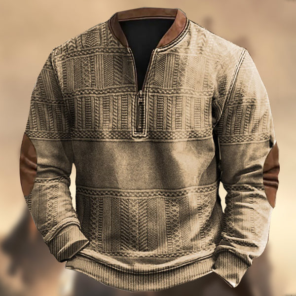 Men's Vintage Western Knitted Print Zipper Stand Collar Casual Sweatshirt