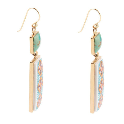 Barse Talavera Tile and Blue Turquoise Golden Dangle Earrings